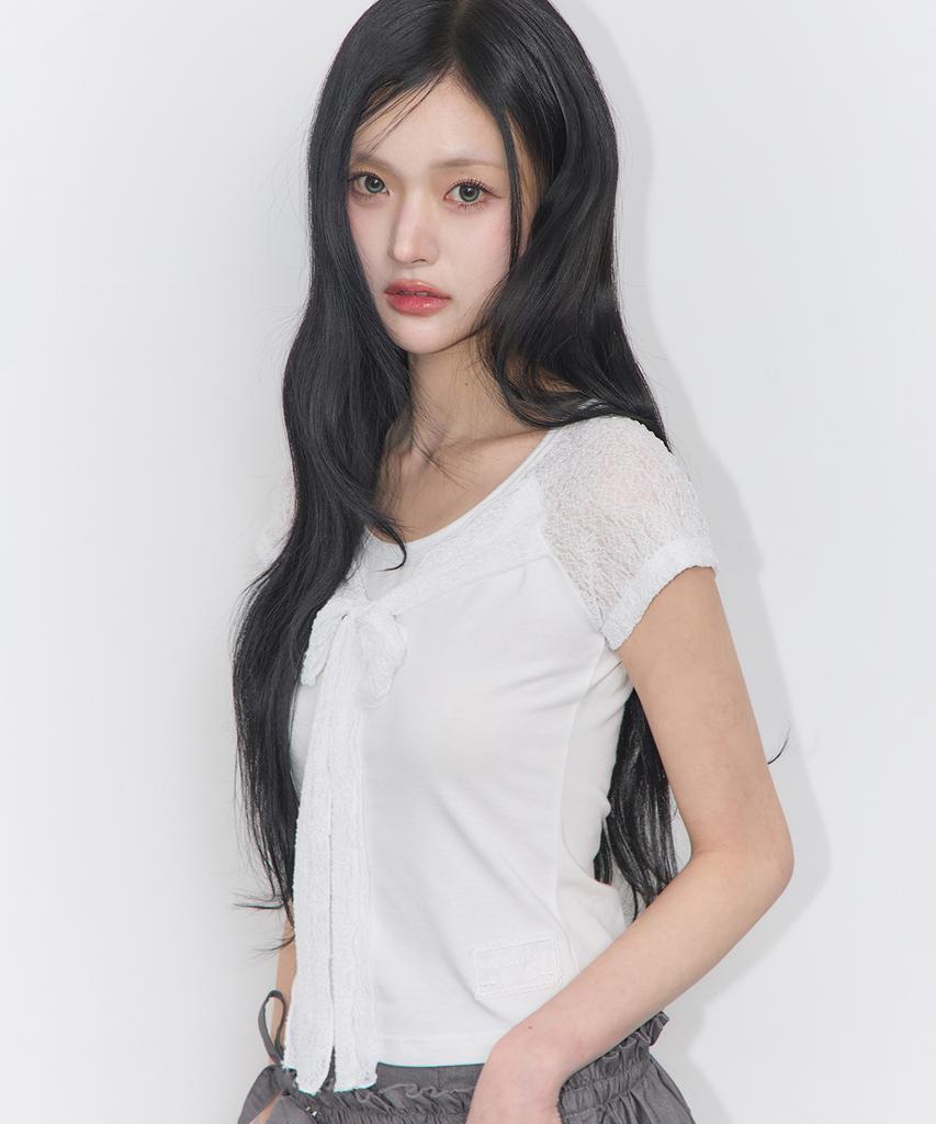 ILLIGO Lace Ribbon Color Block T-Shirt White