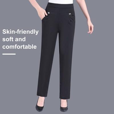 Pantalones de verano para mujer, cintura elástica, pantalones casuales de cintura alta, diseño de bolsillos de color sólido, pantalones finos de pierna recta, pantalones de ocio de mediana edad