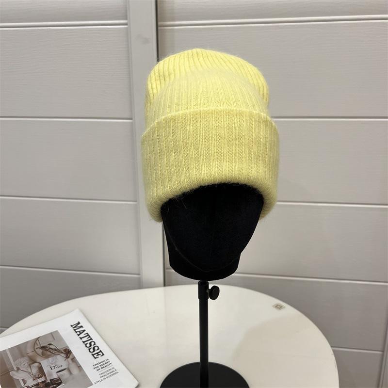 Angora Rabbit Hair Curled Brimless Wool Hat Women Autumn and Winter Warm Striped Fashion Knitted Pullover Cold Hat