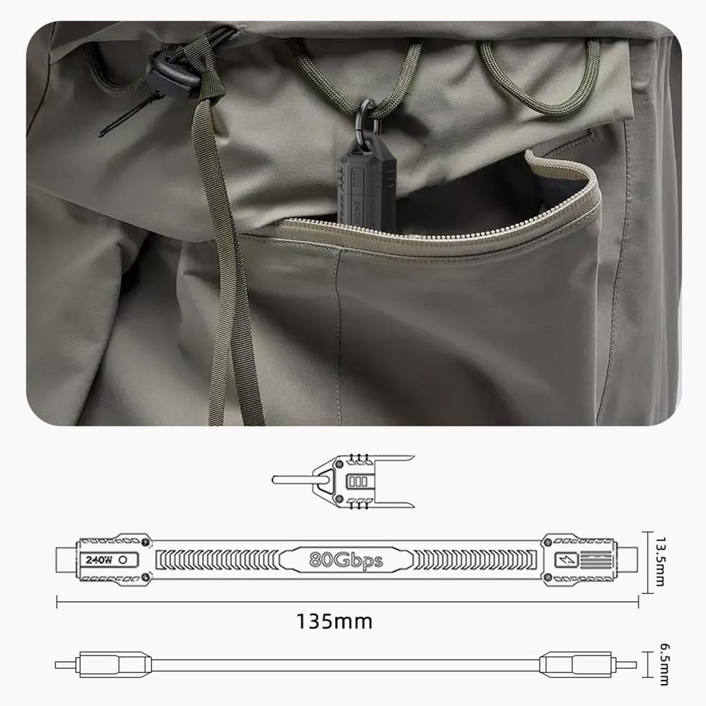 Cablecc 240W 80Gbps Flat Slim FPC USB Strap Compatible with USB Thunderbolt Cable, 5.0, 16K@30Hz, 8K@60Hz, 5K, Strap, Chain, Black, 4.0, 3/4/5