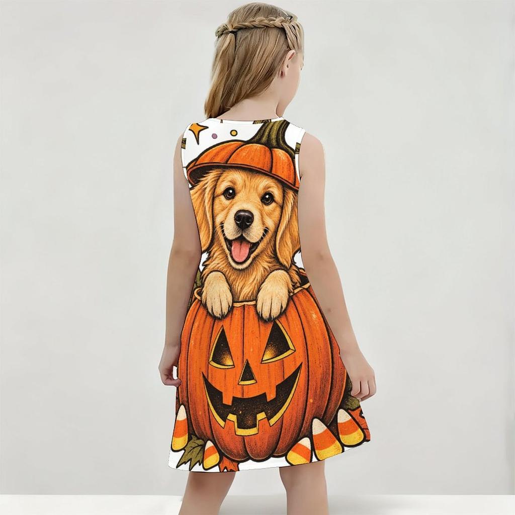 Girls Round Neck Sleeveless A Line Flared Hem Dress Halloween Raccoon Pumpkin Printed