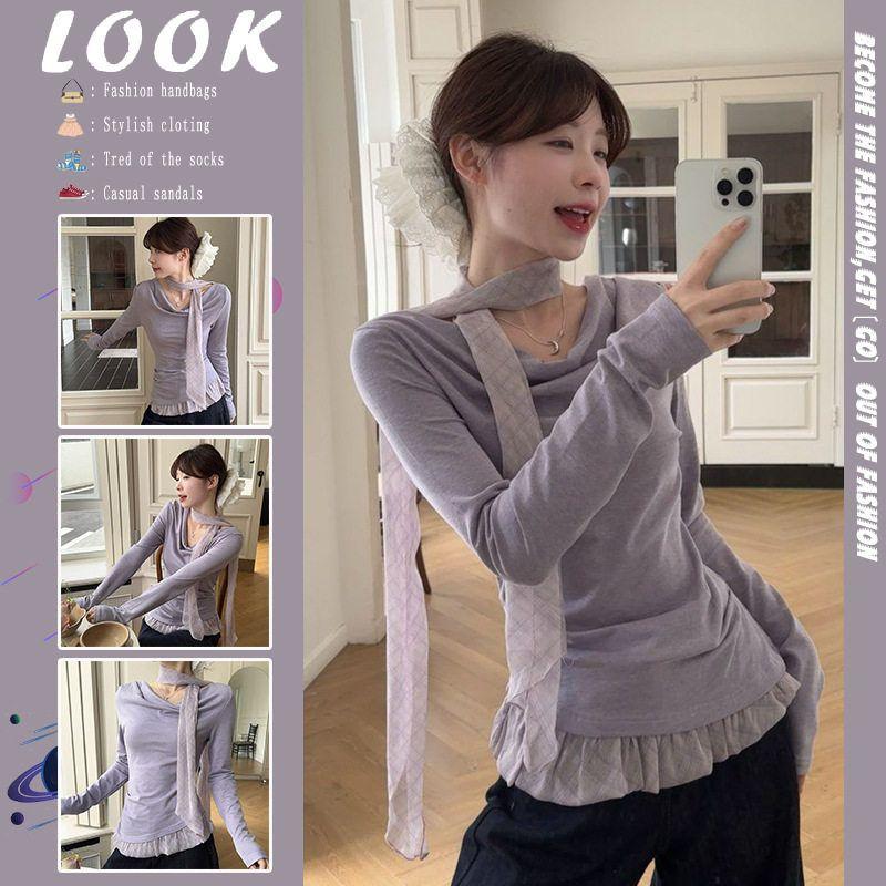 

Pure Desire Style Long-Sleeve T-Shirt for Women, Autumn Niche Design with Ribbon, Faux Two-Piece, Unique and Distinctive Inner Top Purple S [Excellent Quality]