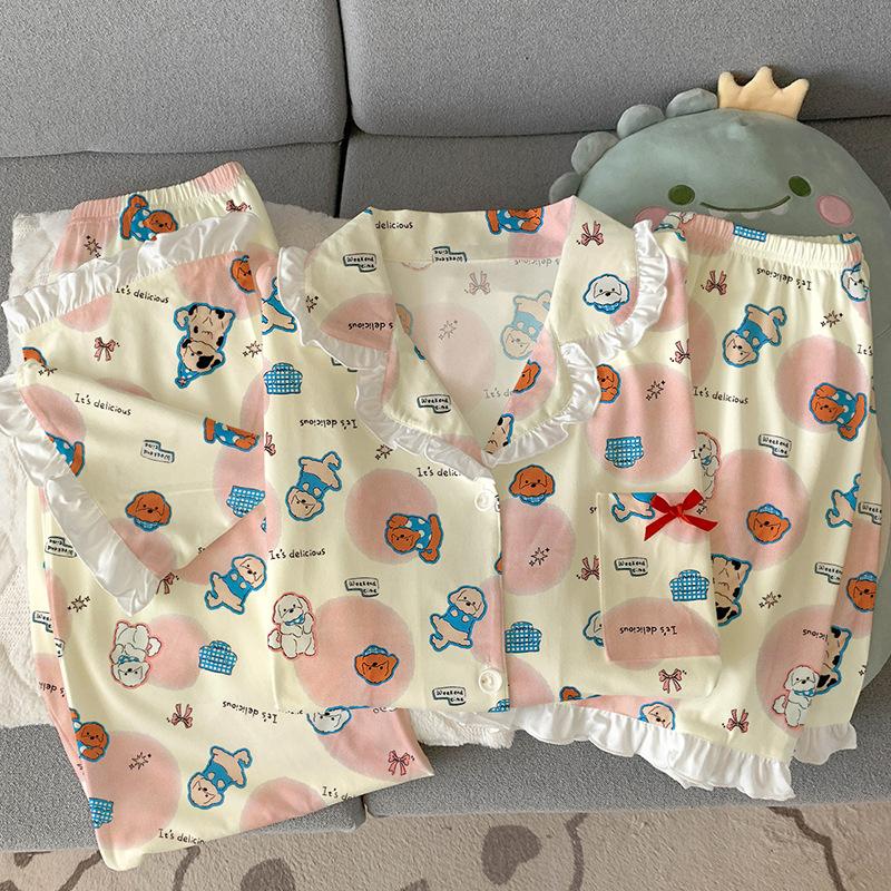 Puppy Cute Fun High-end Style Imitation Cotton Edge Pajamas Women's Summer Loungewear Short-sleeved Three-piece Set