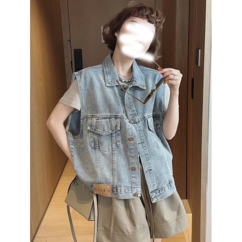 Women s Retro Sleeveless Denim Vest - Spring/Autumn Loose Fit Extra Large