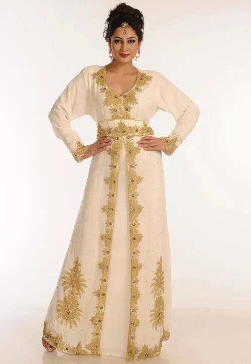 

Марокканский Жоржет Дубайский Off White Абая Свадебное Нарядное Вечернее Праздничное Платье Платье 3XL покинуть белый