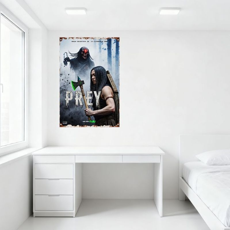 Prey Movie Poster Metal Tin Sign Rustic Weathered Border Skull Figure Axe Woman Horror Movie Plaque for Home Decor