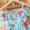 Dress For Girls 1-8Y Birthday Korean Style Fashion Ruffle Trim Off-Shoulder Floral Pattern Strap Dress