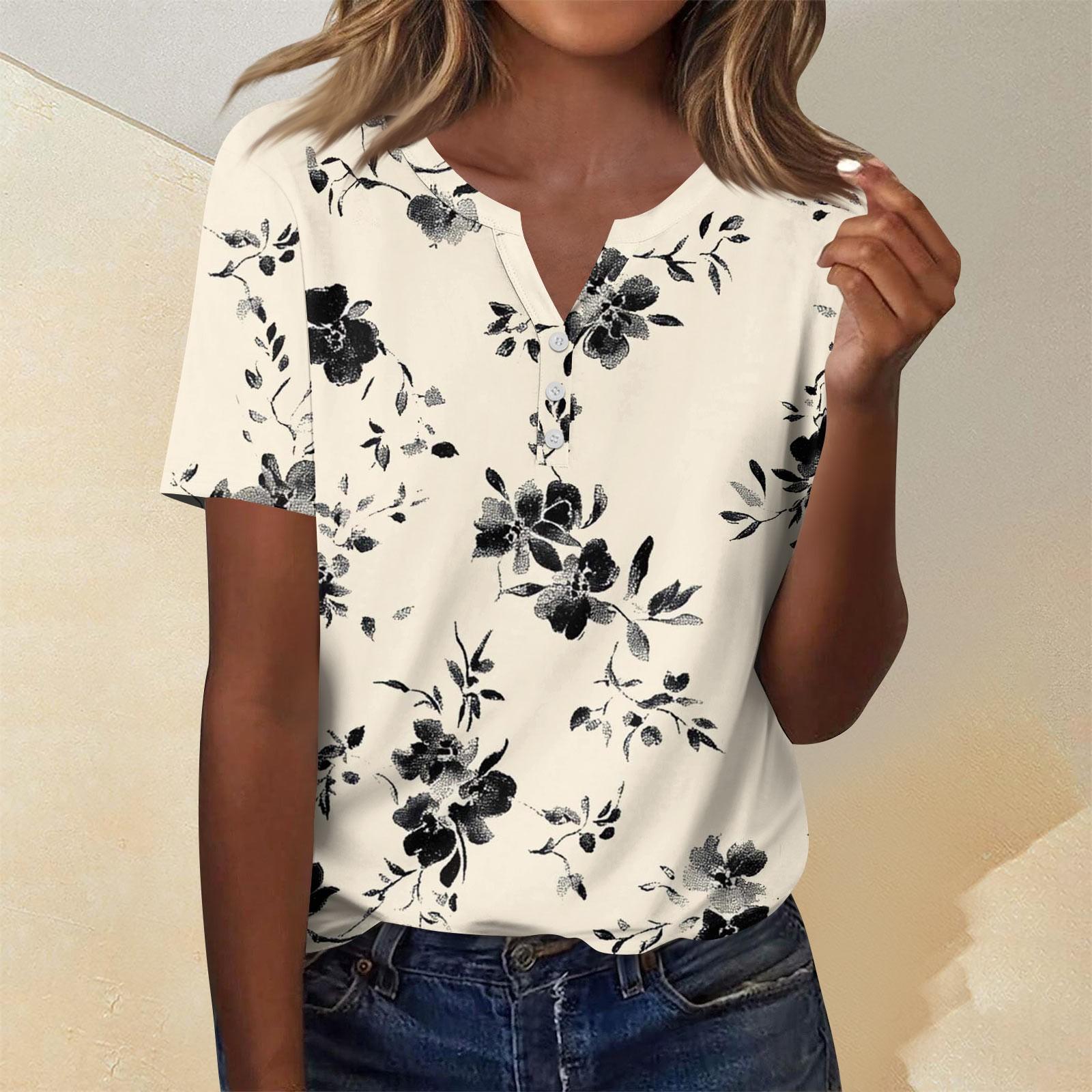 

Женская мода повседневный короткий рукав цветочный принт топ M бежевый