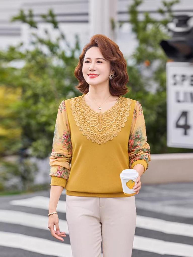 2026 Spring/Summer Elegant Lace Chiffon Rhinestone Shirt for Middle-Aged Women - Tummy-Concealing Plus Size Top