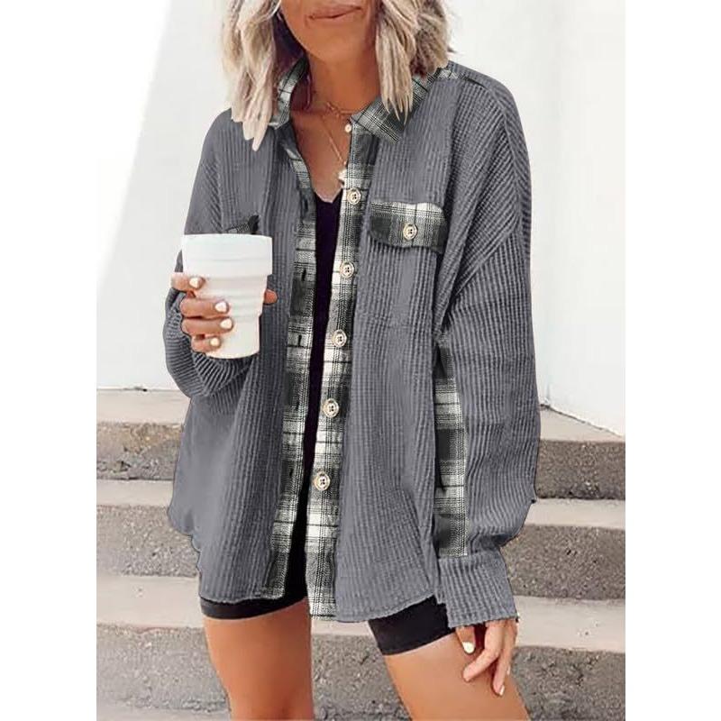 Women Casual Waffle Knit Jacket Loose Plaid Shirt