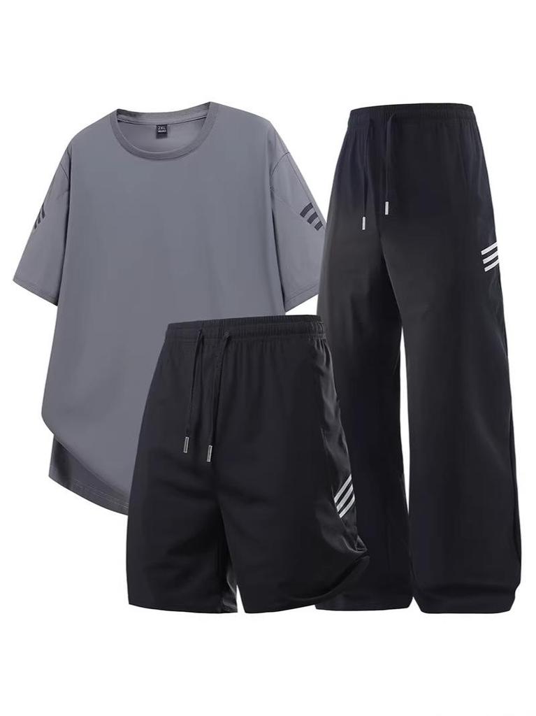 Quick-Dry Ice Silk Men's Plus Size Sportswear Set - Summer Thin, Versatile Three-Piece for Fitness & Basketball.