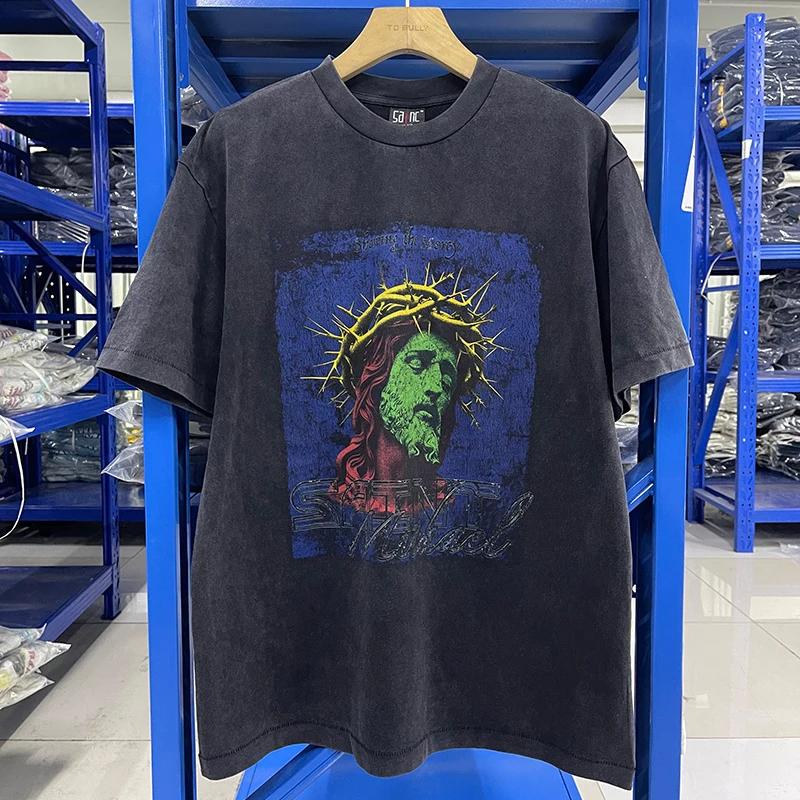 2025 Summer High Quality Cotton Classic Logo Graphics Print Saint Tshirt Unisex Unisex Vintage Washed Black T Shirt Loose Tee