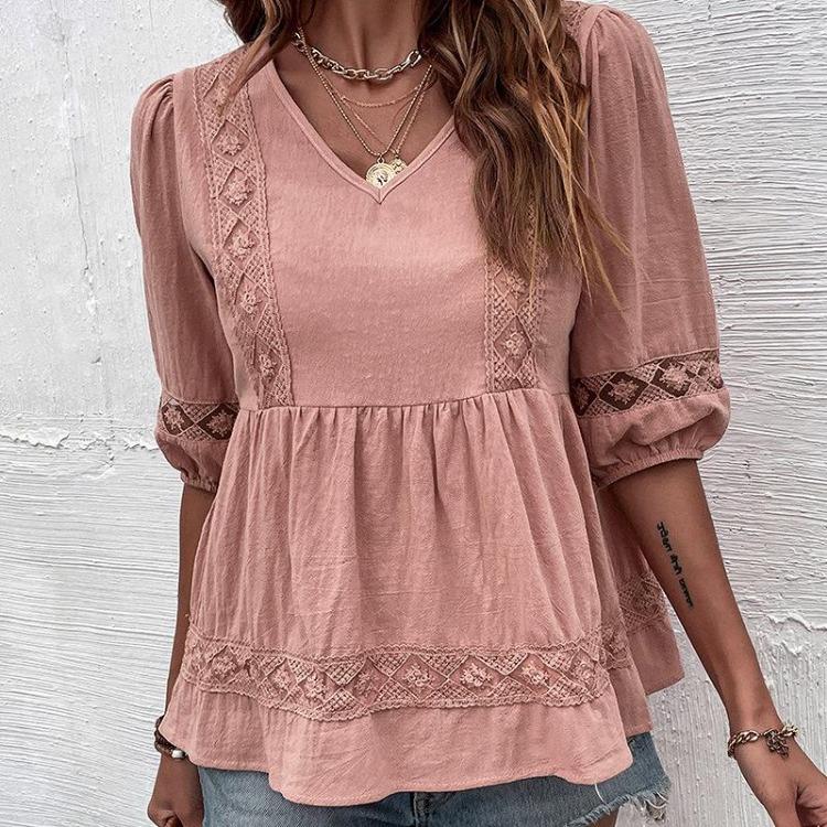 Women Casual Summer Short Sleeve V Neck Blouse Shirt Pink Cotton Linen