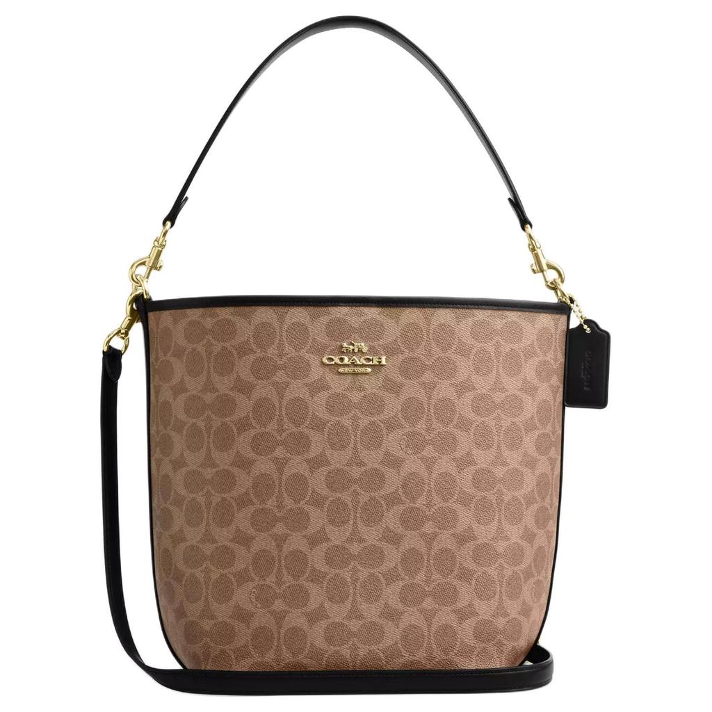 Coach Women's Signature Canvas Bucket Bag, Black & Tan Contrast Trim Shoulder Bag with Gold Hardware