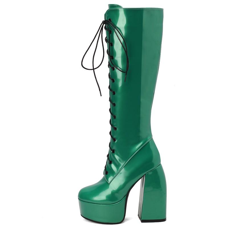 Sexy Lace Up Platform Long Boots Women Thick Gothic Heels High Knee Boot Winter Red Black Green Fetish Party Shoes Large Size 48