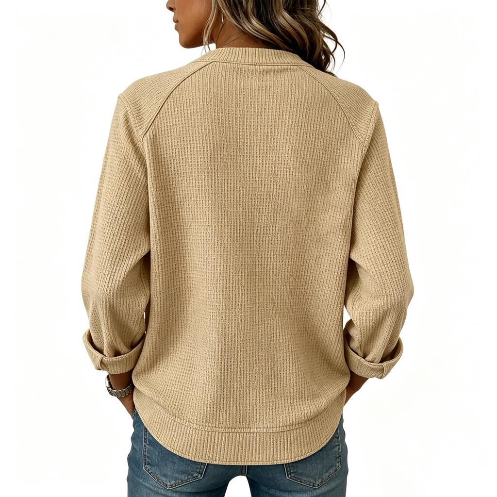 Damen Mode Strick Oberteil mit langen Ärmeln und Taschen, Lockerer Raglan Herbst Winter Hemd