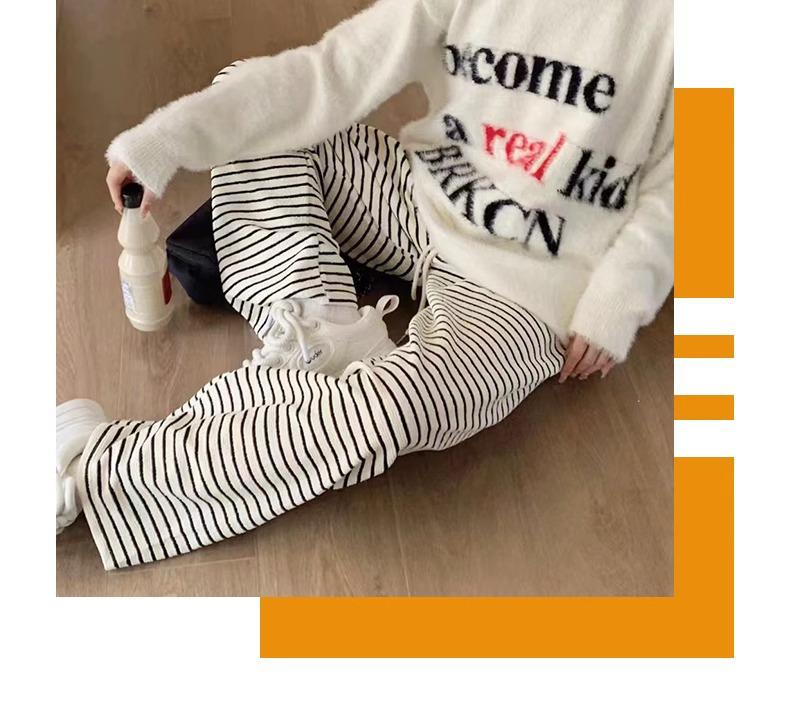 Women's Black and White Striped Terry Pants: High-Waist, Loose, Wide-Leg, Casual Fleece, Spring/Autumn 2025.