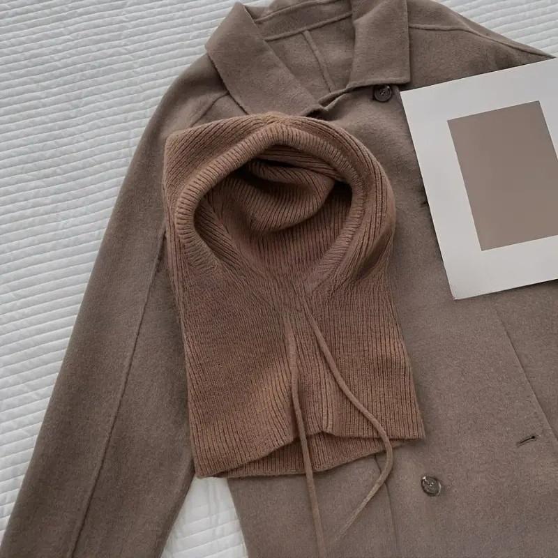 

Трендовая балаклава, французская шапка для девочек, милая вязаная шапка однотонного цвета, воротник, худи цельного кроя, теплая шапка, зима One Size кофейный