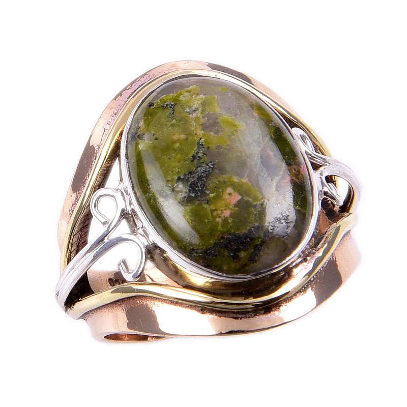 Natural Unakite Gemstone Handmade 925 Solid Silver TwoTone Gift Ring 6US z5M66