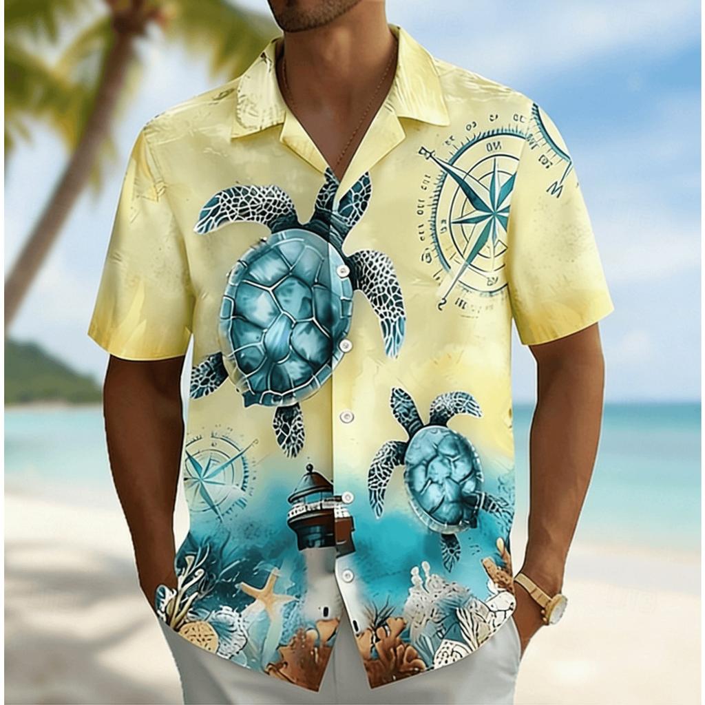 Men's Ocean Turtle Compass Lighthouse Print Short Sleeve Shirt, Summer Nautical Hawaiian Vacation Blouse