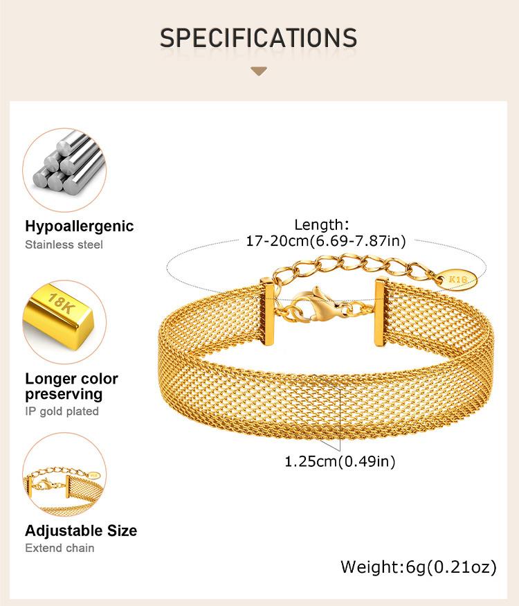 Wide Brand Stainless Steel Mesh Link Chain Bracelet For Women, Adjustable Wirst Jewelry Non Tarnish Waterproof