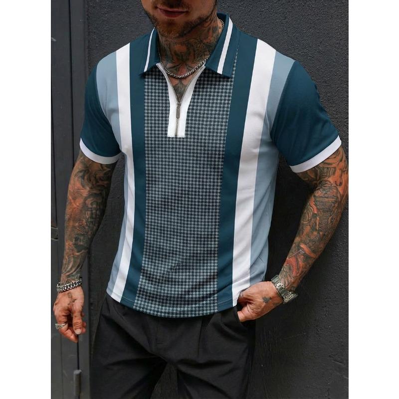 Men European Size Slim Fit Houndstooth Patchwork Short Sleeve Polo Shirt S серый