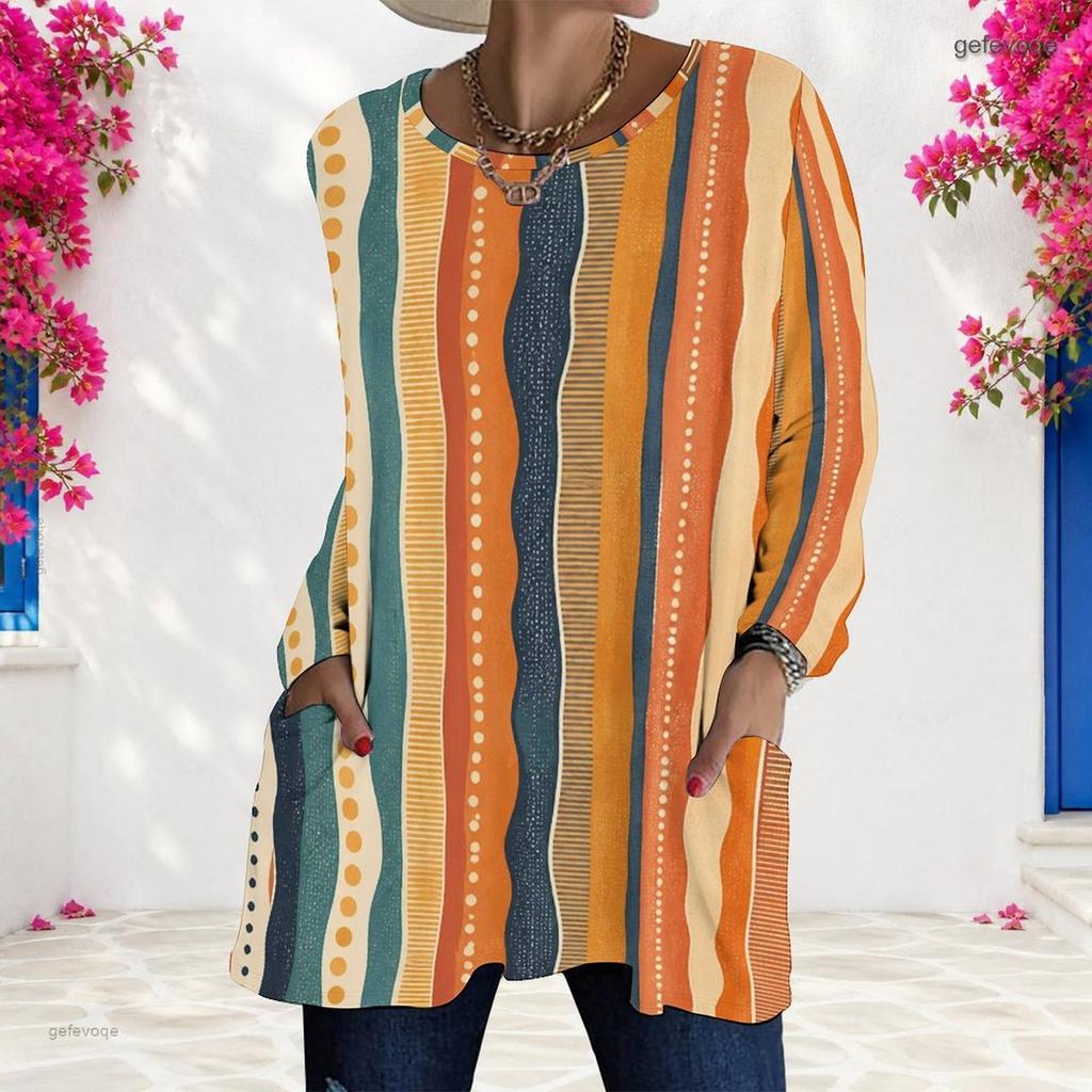 Women Plus Size Long Sleeve T Shirt Round Neck Colorful Printed Loose Longline Top With Pockets
