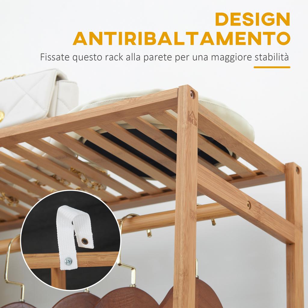 Bamboo Coat Rack with 6-Tier Shelving and Hanger Bar, 90x30x145cm, Natural Wood
