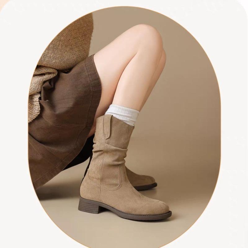 Pile boots women's spring and autumn new Maillard western cowboy short boots single boots medium boots Martin boots