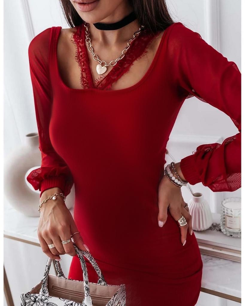 

Women s Long Sleeve Low-cut Lace Detail Camisole Dress