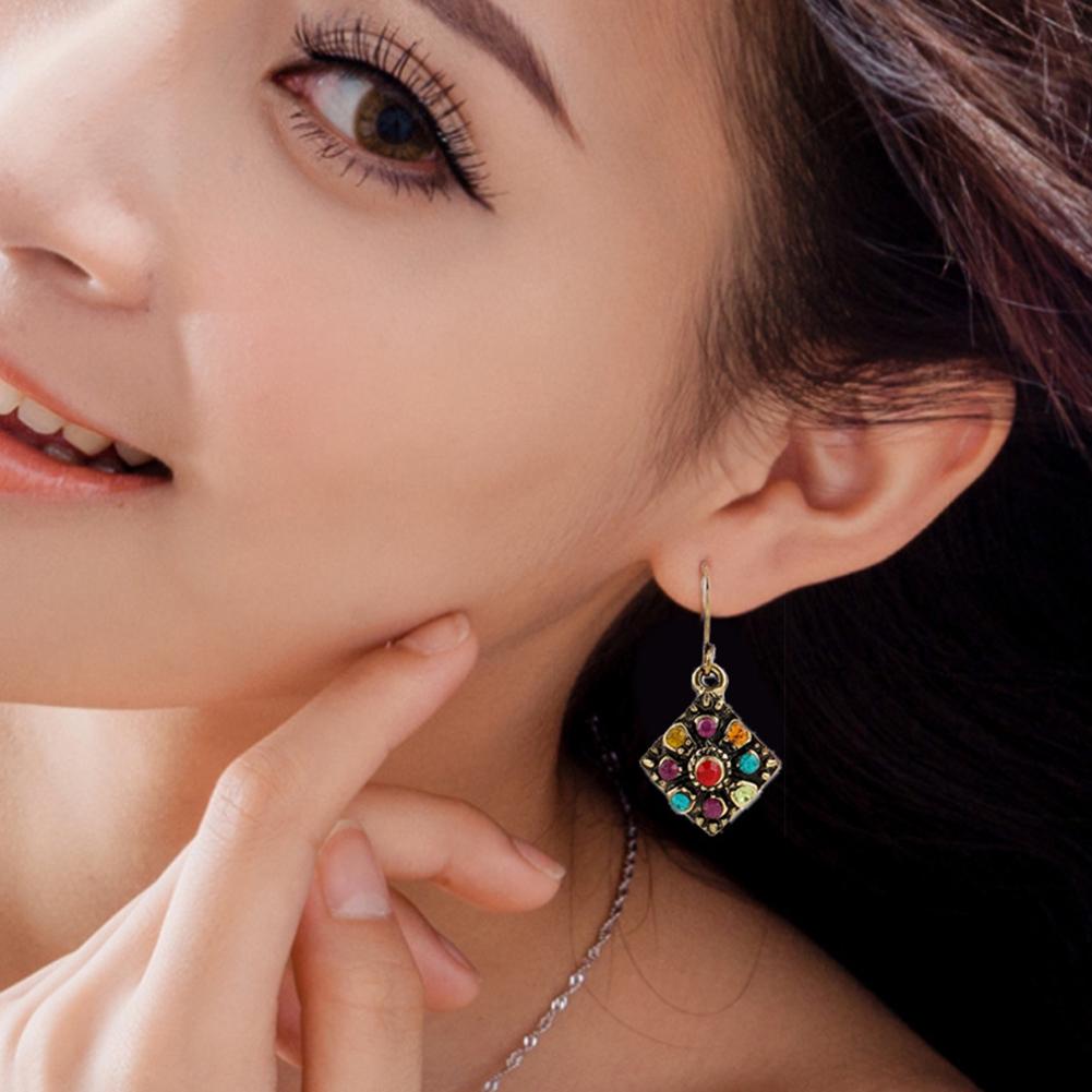 Stylish Bohemian Rhombic Colorful Rhinestone Charm Hook Earrings Women Party Jewelry Jewelry Gift