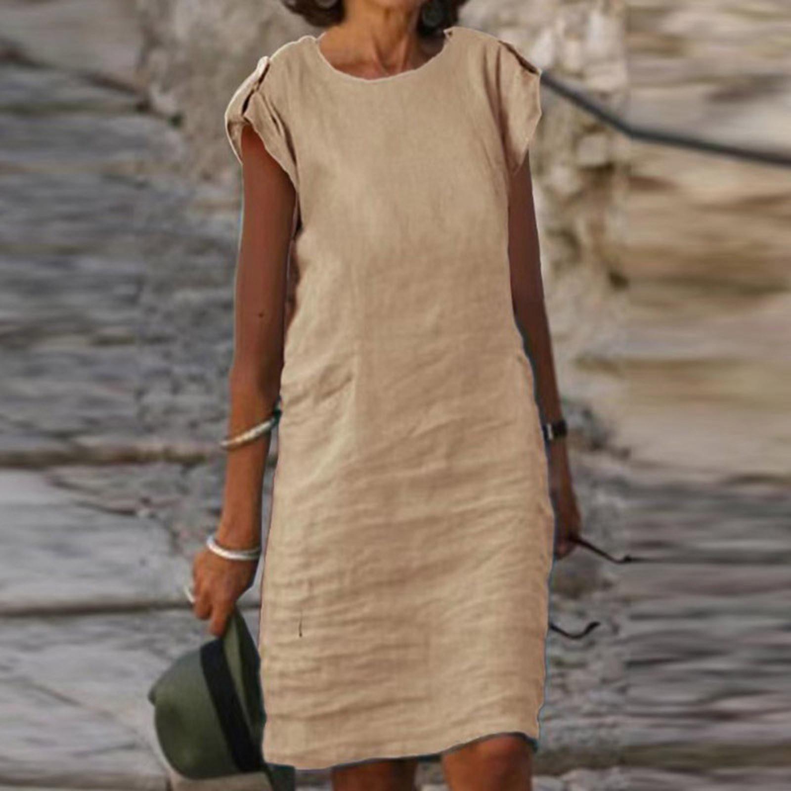

Womens Fashion Color Button Party Dresses Women Elegant O-Neck Short Sleeve Beach Dress Ladies Casual Loose A-Line Dress M хаки