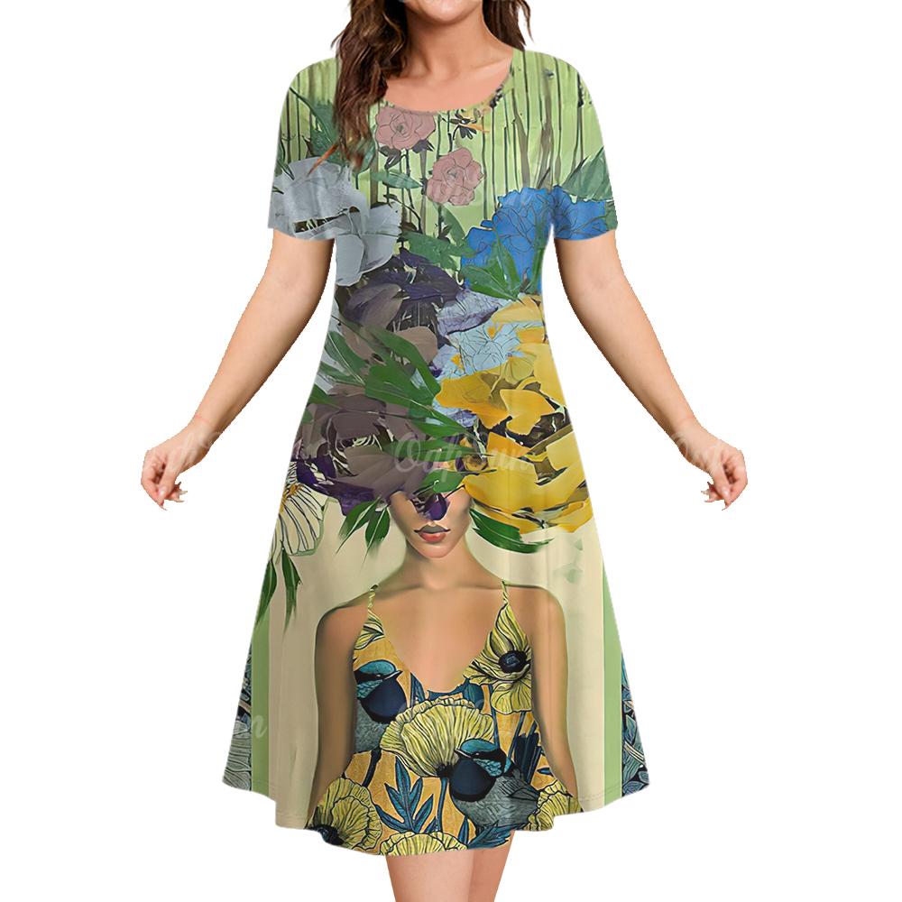 Summer Round Neck Short Sleeved Clothing European/American Portrait Women's Dresses Daily Casual Long Dress Pullover