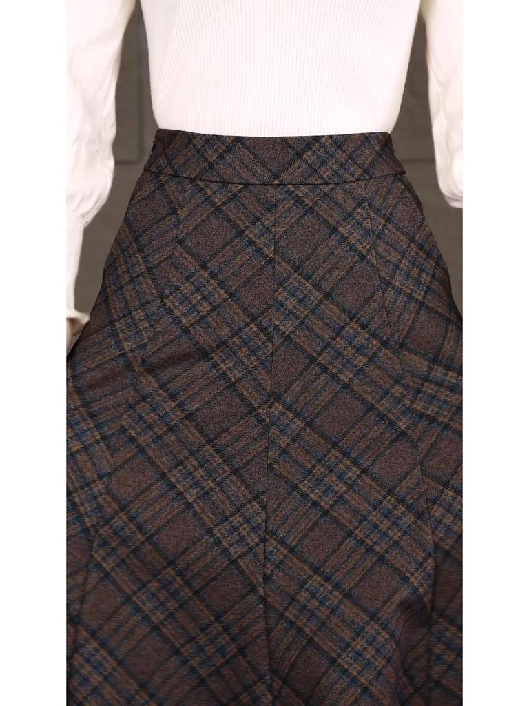 23038 Dámská vintage kostkovaná midi sukně s vysokým pasem na podzim/zimu