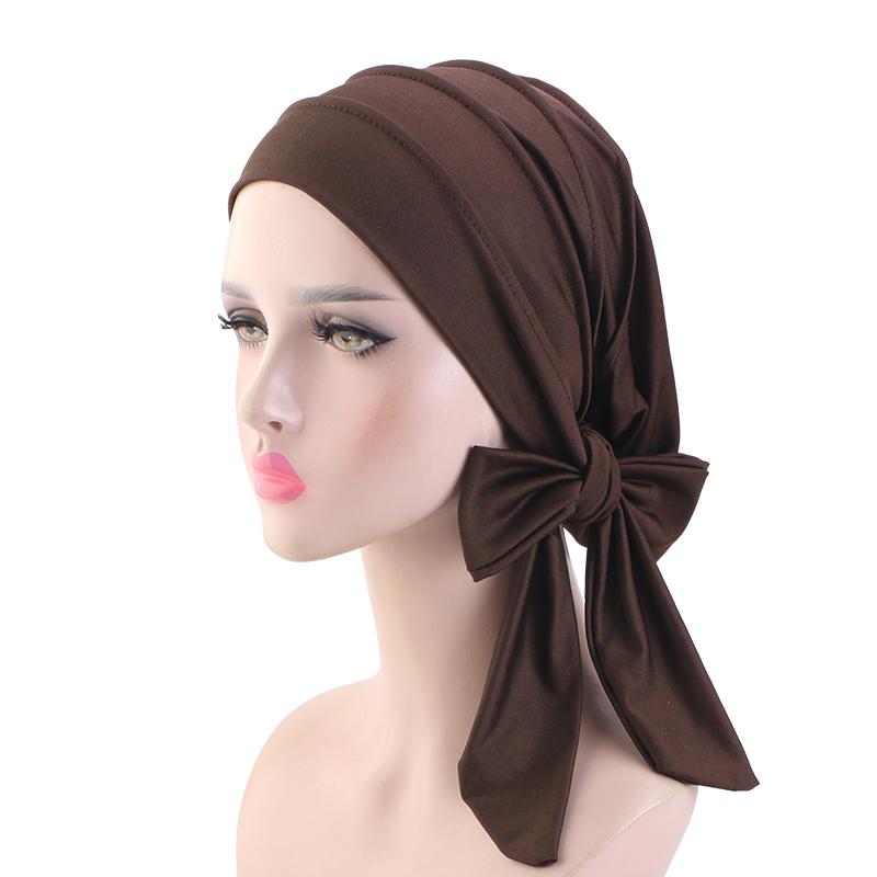 NEW Solid color long tail headscarf hat Women Chemo Hat breathable base cap Muslim Headscarf Hat