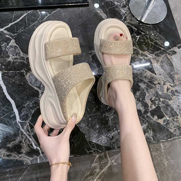 Rhinestone Platform Sandals Women's 2025 Spring New High-end Temperament with Skirt Cool Slippers Seaside Beach Slippers