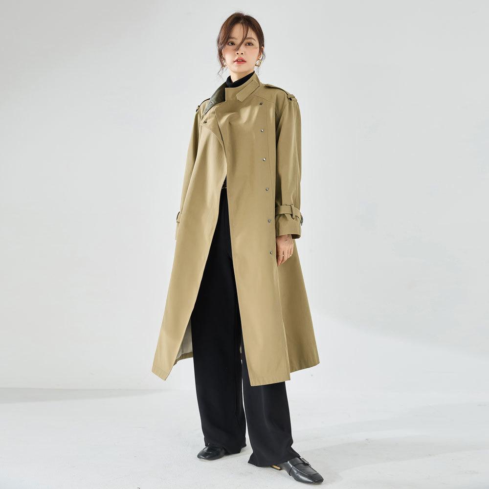 Qiuxin handsome stand-up collar, vertical and not easy to wrinkle fleece feeling, leather commuting casual medium and long trench coat 23066