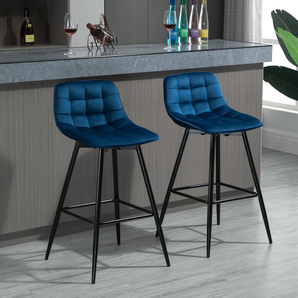 Set of 2 Tall Stools in Nordic Style with Backrest and Footrest, Kitchen Stools with Backrest in Velvet Effect Fabric and Metal, 45x47x88 cm, Blue
