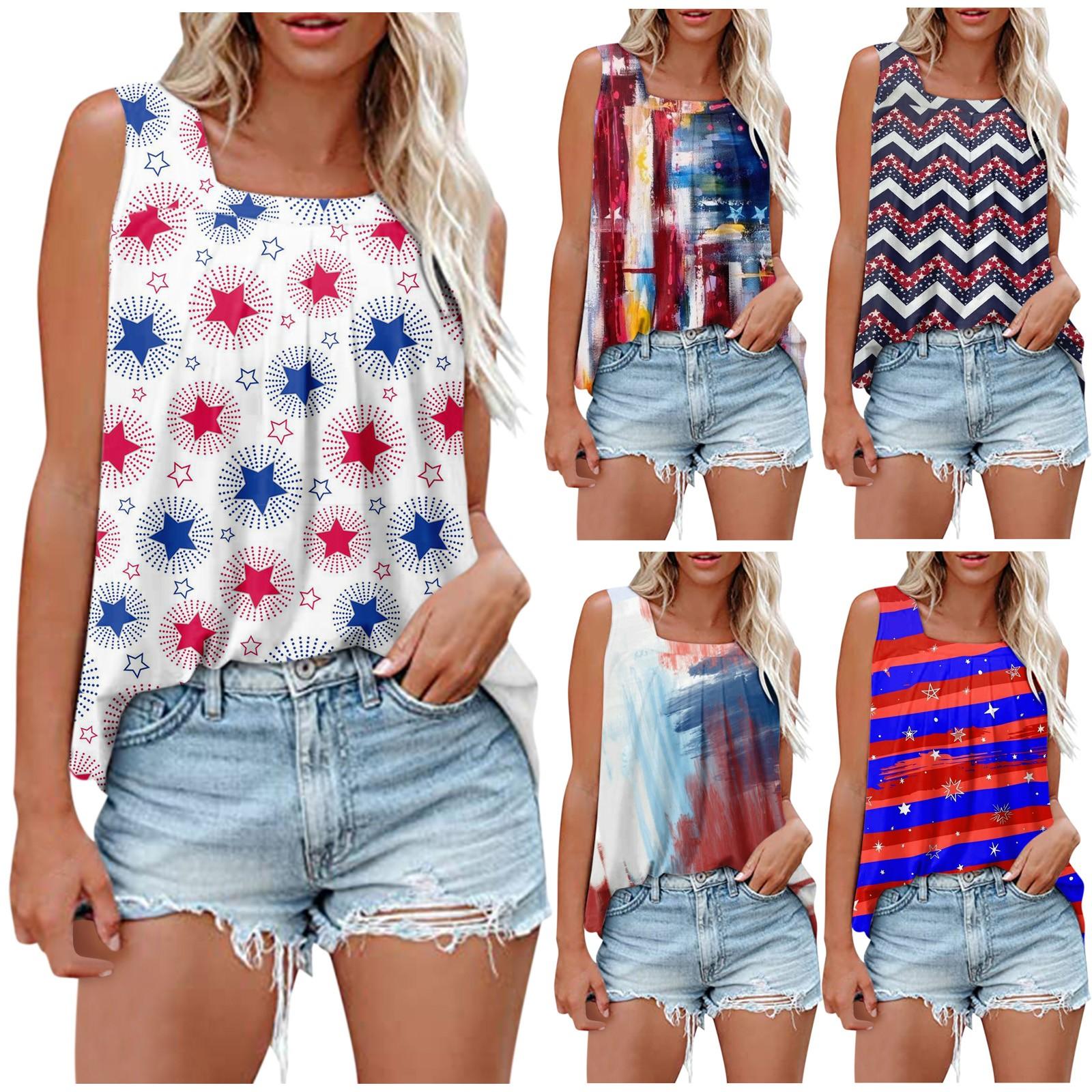 

Женская летняя свободная повседневная футболка без рукавов плиссированная топ с принтом ко Дню независимости