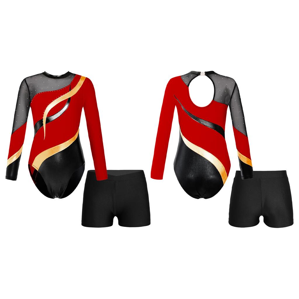 Kids Girls Long Sleeve Gymnastic Leotard with Shorts Athletic Dance Unitards Performance Competition Costume