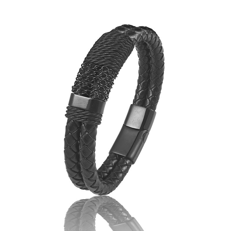 

Black Braided Leather Bracelet for Men Stainless Steel Chain Detail Magnetic Buckle Fashion Male Jewelry Birthday Gift 19cm