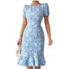 2026 summer new French blue floral bubble sleeves waist and thin temperament dress
