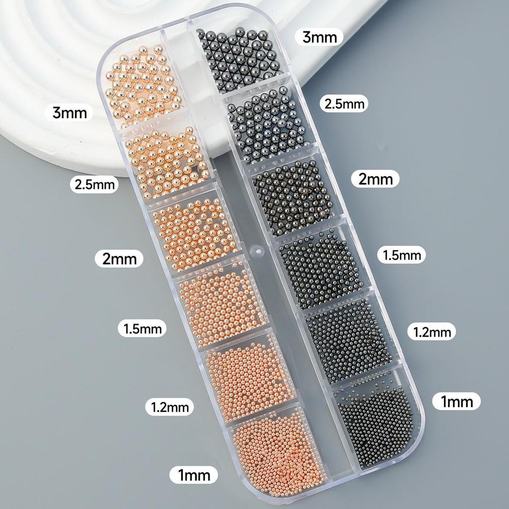 Luxury Mix: Cross-border Steel Beads & Metal Nail Ornaments Set in Gold, Silver, Rose Gold – 12 Long Strips, Mixed Sizes