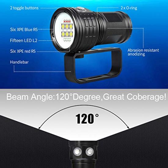 SecurityIng Diving Light Red Blue White Light 8000lm Waterproof Underwater 80M 120 Degree Wide Beam Scuba Diving Light Underwater Photo Video
