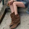 Plus Size Womens Pointed Toe Mid Calf Boots Faux Suede Stacked Western Style Heeled Fall Winter