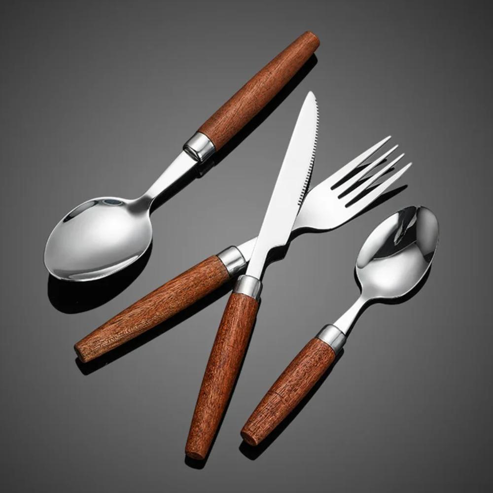 Set tacâmuri din oțel inoxidabil cu mâner de lemn, set veselă de bucătărie, veselă de masă occidentală, cu cuțit, furculiță, linguriță pentru ceai, pentru restaurant