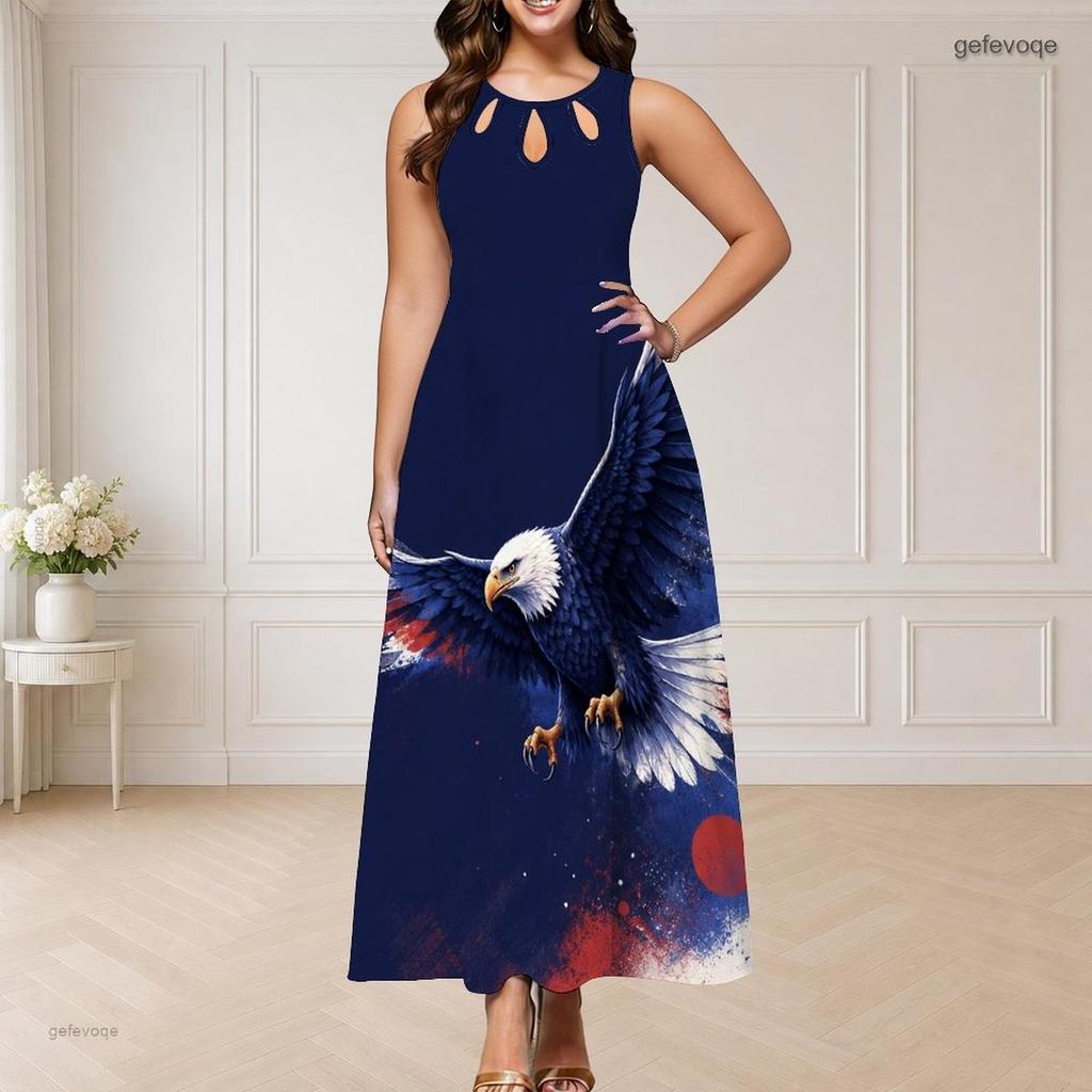 Women Plus Size Sleeveless Long Dress Round Neck Triple Keyhole Cutout Eagle Flag Print Red Blue White