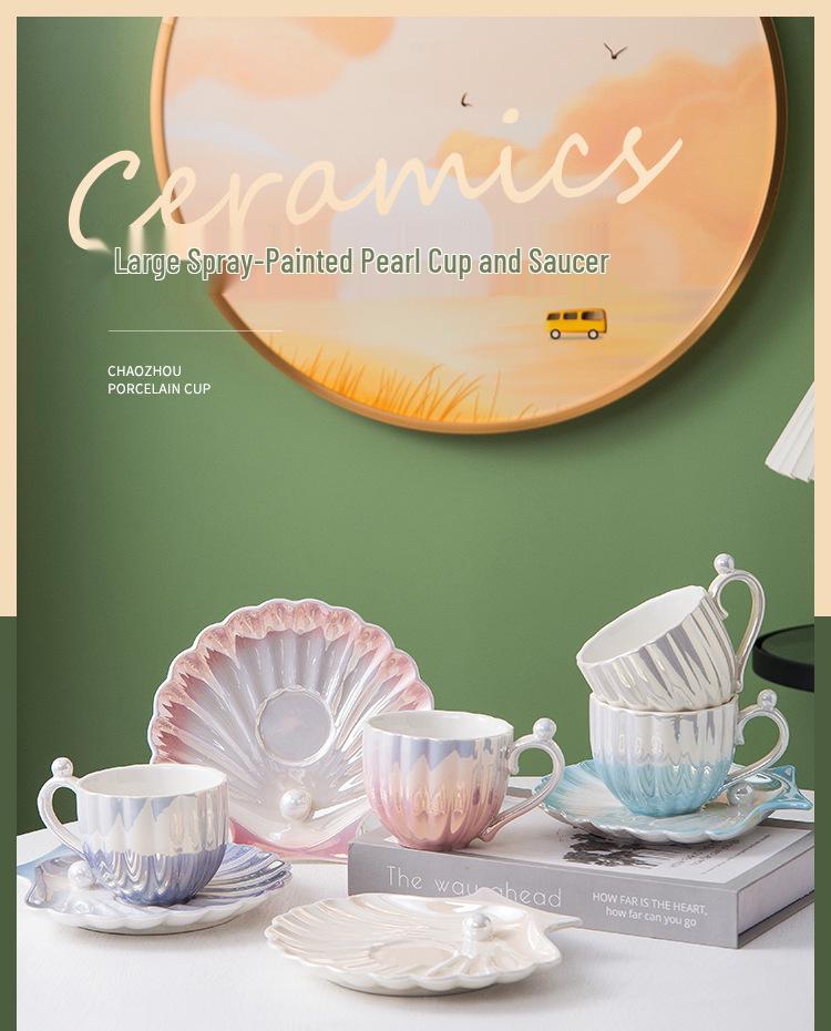 Set Tazza e Sottotazza in Ceramica con Conchiglie: Tazza leggera in madreperla per la casa – Elegante regalo souvenir di lusso