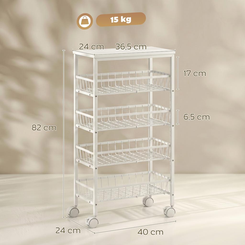 4-tier storage cart, rolling utility cart with removable baskets, metal frame, white