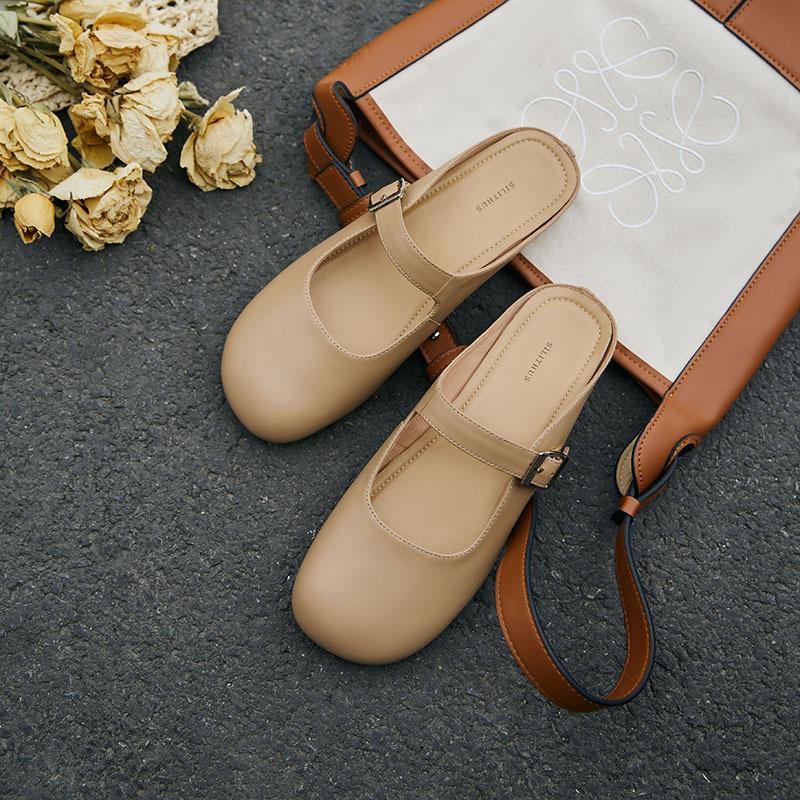 Leather flat-bottomed Mary Jane women's shoes one-pedal lazy Muller shoes 2025 new bag head half-drag single shoes